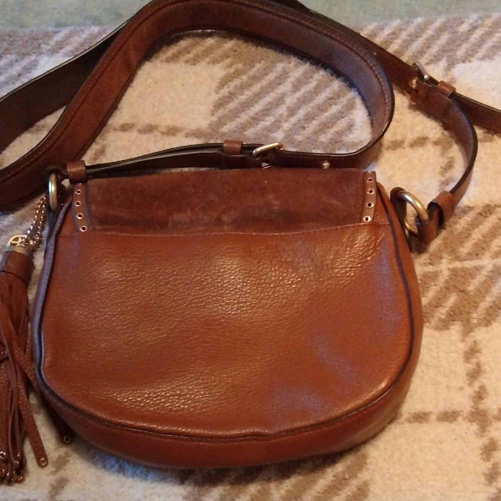 Michael Kors Brown Leather Studded Saddle Crossbody with Tassel - Picture 2 of 4